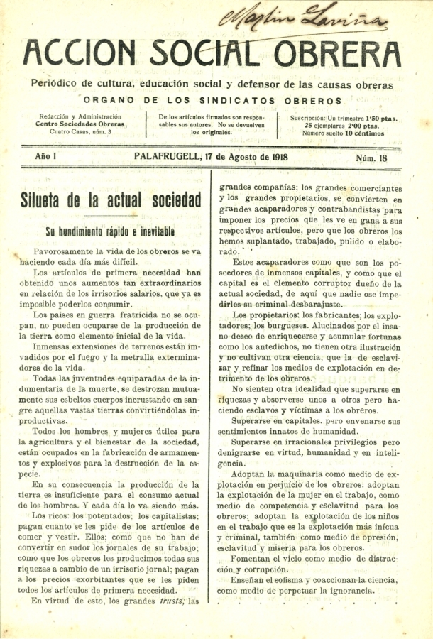 Acción Social Obrera 1918