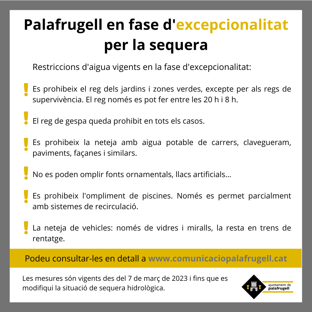 Fase d’excepcionalitat per la sequera, ACA, Àrea de Medi Ambient, Ajuntament de Palafrugell